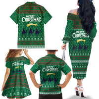 Saudi Arabia Christmas Family Matching Off The Shoulder Long Sleeve Dress and Hawaiian Shirt with Green Pattern, Traditional Script Motif, and Camel Caravan Silhouette - Wonder Print Shop