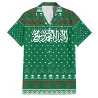 Saudi Arabia Christmas Family Matching Off The Shoulder Long Sleeve Dress and Hawaiian Shirt with Green Pattern, Traditional Script Motif, and Camel Caravan Silhouette - Wonder Print Shop