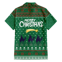 Saudi Arabia Christmas Family Matching Off The Shoulder Long Sleeve Dress and Hawaiian Shirt with Green Pattern, Traditional Script Motif, and Camel Caravan Silhouette - Wonder Print Shop