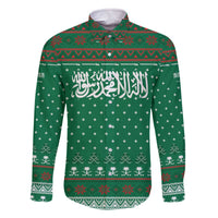 Saudi Arabia Christmas Family Matching Off The Shoulder Long Sleeve Dress and Hawaiian Shirt with Green Pattern, Traditional Script Motif, and Camel Caravan Silhouette - Wonder Print Shop