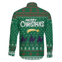 Saudi Arabia Christmas Family Matching Off The Shoulder Long Sleeve Dress and Hawaiian Shirt with Green Pattern, Traditional Script Motif, and Camel Caravan Silhouette - Wonder Print Shop