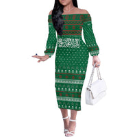 Saudi Arabia Christmas Family Matching Off The Shoulder Long Sleeve Dress and Hawaiian Shirt with Green Pattern, Traditional Script Motif, and Camel Caravan Silhouette - Wonder Print Shop