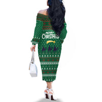 Saudi Arabia Christmas Family Matching Off The Shoulder Long Sleeve Dress and Hawaiian Shirt with Green Pattern, Traditional Script Motif, and Camel Caravan Silhouette - Wonder Print Shop