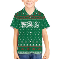 Saudi Arabia Christmas Family Matching Off The Shoulder Long Sleeve Dress and Hawaiian Shirt with Green Pattern, Traditional Script Motif, and Camel Caravan Silhouette - Wonder Print Shop
