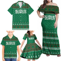 Saudi Arabia Christmas Family Matching Off Shoulder Maxi Dress and Hawaiian Shirt with Green Pattern, Traditional Script Motif, and Camel Caravan Silhouette - Wonder Print Shop