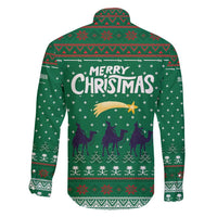 Saudi Arabia Christmas Family Matching Off Shoulder Maxi Dress and Hawaiian Shirt with Green Pattern, Traditional Script Motif, and Camel Caravan Silhouette - Wonder Print Shop