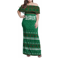 Saudi Arabia Christmas Family Matching Off Shoulder Maxi Dress and Hawaiian Shirt with Green Pattern, Traditional Script Motif, and Camel Caravan Silhouette - Wonder Print Shop