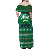 Saudi Arabia Christmas Family Matching Off Shoulder Maxi Dress and Hawaiian Shirt with Green Pattern, Traditional Script Motif, and Camel Caravan Silhouette - Wonder Print Shop