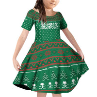 Saudi Arabia Christmas Family Matching Off Shoulder Short Dress and Hawaiian Shirt with Green Pattern, Traditional Script Motif, and Camel Caravan Silhouette - Wonder Print Shop