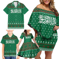 Saudi Arabia Christmas Family Matching Off Shoulder Short Dress and Hawaiian Shirt with Green Pattern, Traditional Script Motif, and Camel Caravan Silhouette - Wonder Print Shop
