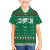 Saudi Arabia Christmas Family Matching Off Shoulder Short Dress and Hawaiian Shirt with Green Pattern, Traditional Script Motif, and Camel Caravan Silhouette - Wonder Print Shop
