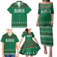 Saudi Arabia Christmas Family Matching Puletasi and Hawaiian Shirt with Green Pattern, Traditional Script Motif, and Camel Caravan Silhouette - Wonder Print Shop