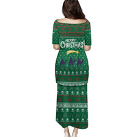 Saudi Arabia Christmas Family Matching Puletasi and Hawaiian Shirt with Green Pattern, Traditional Script Motif, and Camel Caravan Silhouette - Wonder Print Shop