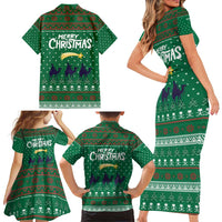 Saudi Arabia Christmas Family Matching Short Sleeve Bodycon Dress and Hawaiian Shirt with Green Pattern, Traditional Script Motif, and Camel Caravan Silhouette - Wonder Print Shop