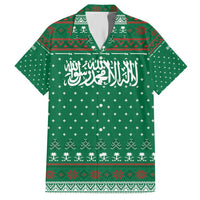 Saudi Arabia Christmas Family Matching Short Sleeve Bodycon Dress and Hawaiian Shirt with Green Pattern, Traditional Script Motif, and Camel Caravan Silhouette - Wonder Print Shop