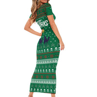 Saudi Arabia Christmas Family Matching Short Sleeve Bodycon Dress and Hawaiian Shirt with Green Pattern, Traditional Script Motif, and Camel Caravan Silhouette - Wonder Print Shop