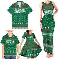 Saudi Arabia Christmas Family Matching Tank Maxi Dress and Hawaiian Shirt with Green Pattern, Traditional Script Motif, and Camel Caravan Silhouette - Wonder Print Shop