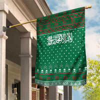 Saudi Arabia Christmas Garden Flag with Green Pattern, Traditional Script Motif, and Camel Caravan Silhouette - Wonder Print Shop