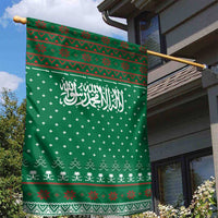 Saudi Arabia Christmas Garden Flag with Green Pattern, Traditional Script Motif, and Camel Caravan Silhouette - Wonder Print Shop