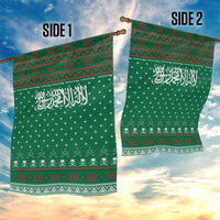 Saudi Arabia Christmas Garden Flag with Green Pattern, Traditional Script Motif, and Camel Caravan Silhouette - Wonder Print Shop