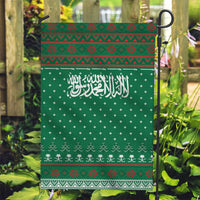 Saudi Arabia Christmas Garden Flag with Green Pattern, Traditional Script Motif, and Camel Caravan Silhouette - Wonder Print Shop
