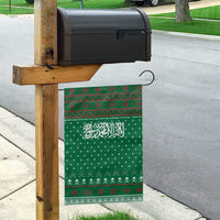 Saudi Arabia Christmas Garden Flag with Green Pattern, Traditional Script Motif, and Camel Caravan Silhouette - Wonder Print Shop