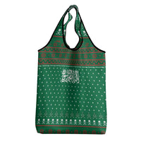 Saudi Arabia Christmas Grocery Bag with Green Pattern, Traditional Script Motif, and Camel Caravan Silhouette - Wonder Print Shop