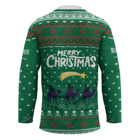 Saudi Arabia Christmas Hockey Jersey with Green Pattern, Traditional Script Motif, and Camel Caravan Silhouette - Wonder Print Shop