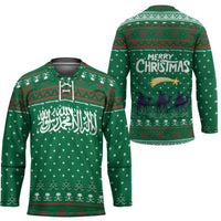 Saudi Arabia Christmas Hockey Jersey with Green Pattern, Traditional Script Motif, and Camel Caravan Silhouette - Wonder Print Shop