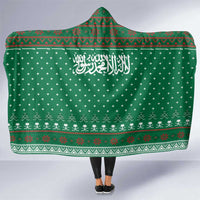 Saudi Arabia Christmas Hooded Blanket with Green Pattern, Traditional Script Motif, and Camel Caravan Silhouette - Wonder Print Shop