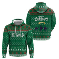 Saudi Arabia Christmas Hoodie with Green Pattern, Traditional Script Motif, and Camel Caravan Silhouette - Wonder Print Shop