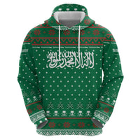 Saudi Arabia Christmas Hoodie with Green Pattern, Traditional Script Motif, and Camel Caravan Silhouette - Wonder Print Shop