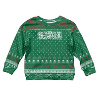 Saudi Arabia Christmas Kid Ugly Christmas Sweater with Green Pattern, Traditional Script Motif, and Camel Caravan Silhouette - Wonder Print Shop