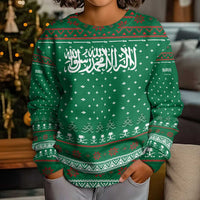 Saudi Arabia Christmas Kid Ugly Christmas Sweater with Green Pattern, Traditional Script Motif, and Camel Caravan Silhouette - Wonder Print Shop
