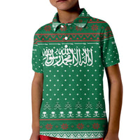 Saudi Arabia Christmas Kid Polo Shirt with Green Pattern, Traditional Script Motif, and Camel Caravan Silhouette - Wonder Print Shop
