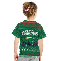 Saudi Arabia Christmas Kid T Shirt with Green Pattern, Traditional Script Motif, and Camel Caravan Silhouette - Wonder Print Shop