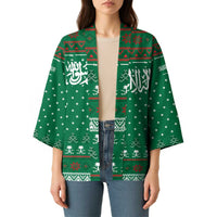 Saudi Arabia Christmas Kimono with Green Pattern, Traditional Script Motif, and Camel Caravan Silhouette - Wonder Print Shop