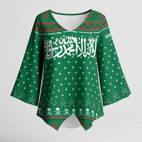 Saudi Arabia Christmas Kimono Sleeve Blouse with Green Pattern, Traditional Script Motif, and Camel Caravan Silhouette - Wonder Print Shop