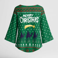 Saudi Arabia Christmas Kimono Sleeve Blouse with Green Pattern, Traditional Script Motif, and Camel Caravan Silhouette - Wonder Print Shop