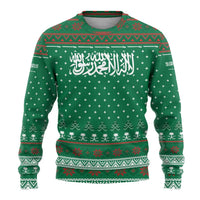 Saudi Arabia Christmas Ugly Christmas Sweater with Green Pattern, Traditional Script Motif, and Camel Caravan Silhouette - Wonder Print Shop