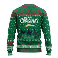 Saudi Arabia Christmas Ugly Christmas Sweater with Green Pattern, Traditional Script Motif, and Camel Caravan Silhouette - Wonder Print Shop