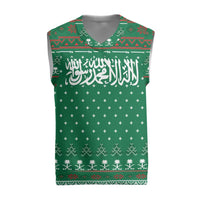 Saudi Arabia Christmas Knitted V-Neck Vest with Green Pattern, Traditional Script Motif, and Camel Caravan Silhouette - Wonder Print Shop