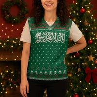Saudi Arabia Christmas Knitted V-Neck Vest with Green Pattern, Traditional Script Motif, and Camel Caravan Silhouette - Wonder Print Shop