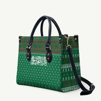Saudi Arabia Christmas Leather Bag with Green Pattern, Traditional Script Motif, and Camel Caravan Silhouette - Wonder Print Shop