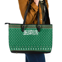 Saudi Arabia Christmas Leather Tote Bag with Green Pattern, Traditional Script Motif, and Camel Caravan Silhouette - Wonder Print Shop