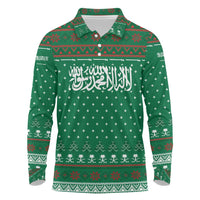 Saudi Arabia Christmas Long Sleeve Polo Shirt with Green Pattern, Traditional Script Motif, and Camel Caravan Silhouette - Wonder Print Shop