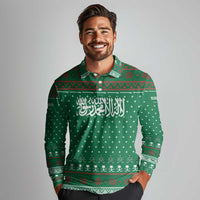Saudi Arabia Christmas Long Sleeve Polo Shirt with Green Pattern, Traditional Script Motif, and Camel Caravan Silhouette - Wonder Print Shop