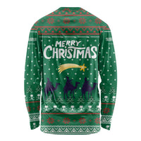 Saudi Arabia Christmas Long Sleeve Shirt with Green Pattern, Traditional Script Motif, and Camel Caravan Silhouette - Wonder Print Shop