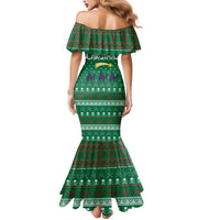 Saudi Arabia Christmas Mermaid Dress with Green Pattern, Traditional Script Motif, and Camel Caravan Silhouette - Wonder Print Shop