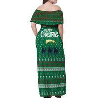 Saudi Arabia Christmas Off Shoulder Maxi Dress with Green Pattern, Traditional Script Motif, and Camel Caravan Silhouette - Wonder Print Shop